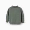 Cotton knitted jumper with polo collar B&S for baby boys, dark green