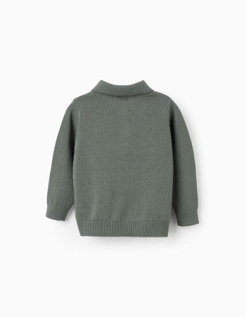 Cotton knitted jumper with polo collar B&S for baby boys, dark green