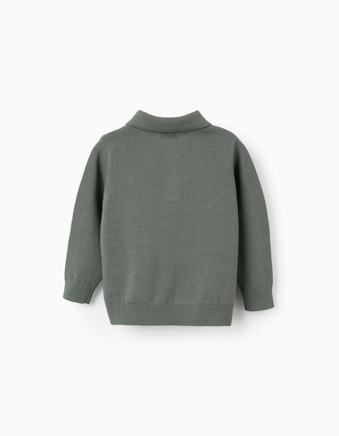 Cotton knitted jumper with polo collar B&S for baby boys, dark green