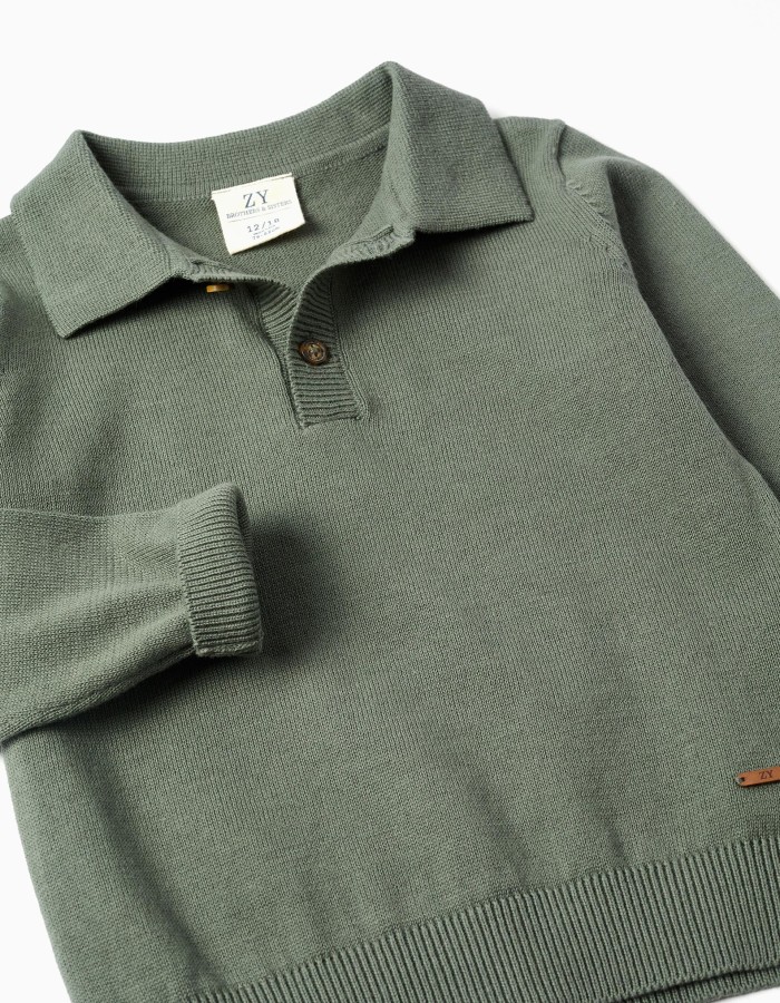 Cotton knitted jumper with polo collar B&S for baby boys, dark green