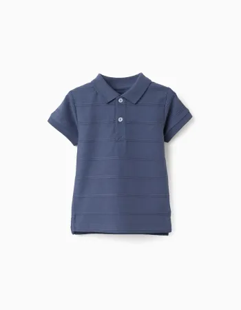 Cotton polo shirt with embossed lines B&S for baby boys, indigo