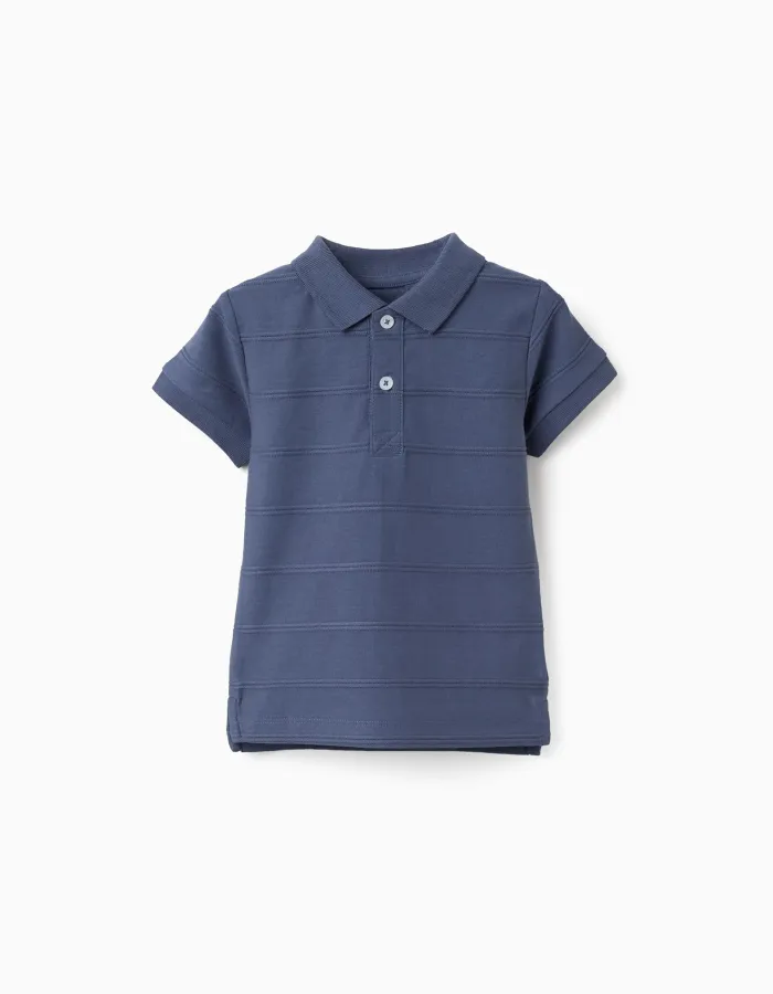 Cotton polo shirt with embossed lines B&S for baby boys, indigo