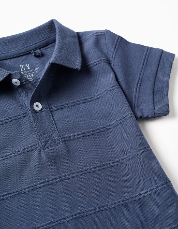 Cotton polo shirt with embossed lines B&S for baby boys, indigo