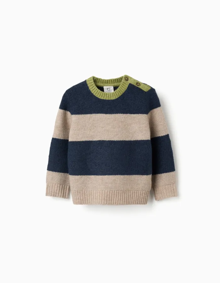 Knitted jumper with stripes for baby boys, navy blue/beige/green