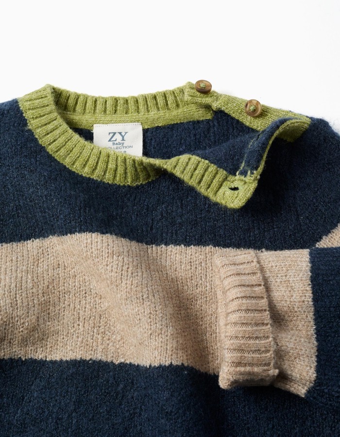 Knitted jumper with stripes for baby boys, navy blue/beige/green