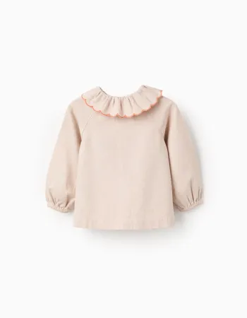 Flower Embroidered Twill Shirt for Baby Girls, Beige