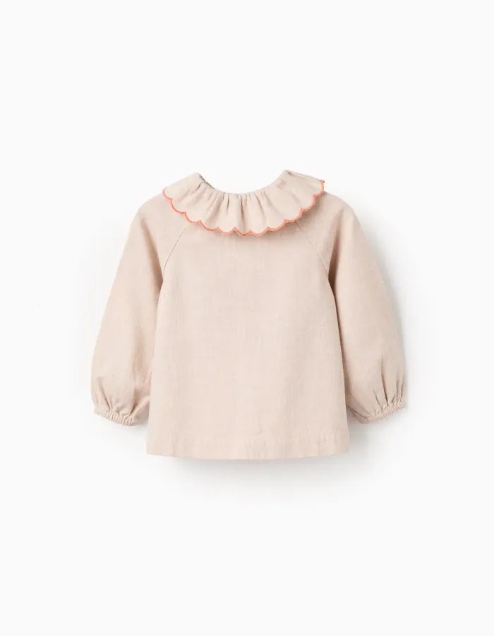 Flower Embroidered Twill Shirt for Baby Girls, Beige