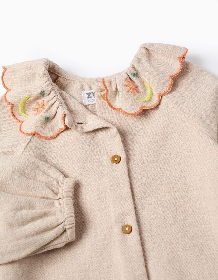 Flower Embroidered Twill Shirt for Baby Girls, Beige
