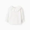 Cotton Twill Blouse with Wavy Ribbons for Baby Girls, White