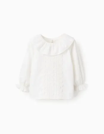 Cotton Twill Blouse with Wavy Ribbons for Baby Girls, White