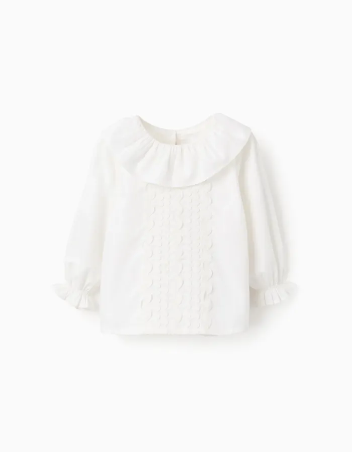 Cotton Twill Blouse with Wavy Ribbons for Baby Girls, White