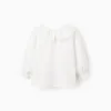 Cotton Twill Blouse with Wavy Ribbons for Baby Girls, White