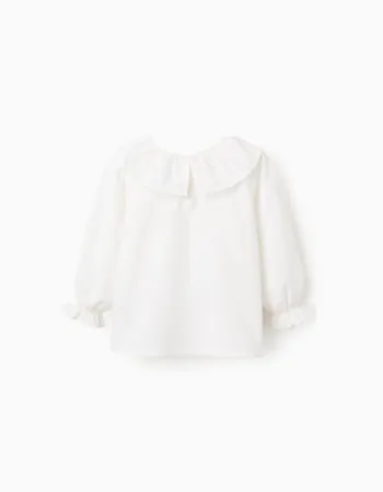 Cotton Twill Blouse with Wavy Ribbons for Baby Girls, White