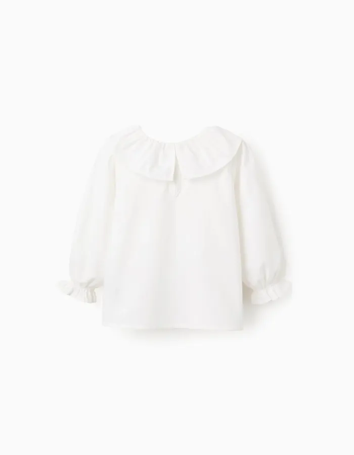 Cotton Twill Blouse with Wavy Ribbons for Baby Girls, White