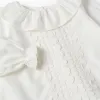 Cotton Twill Blouse with Wavy Ribbons for Baby Girls, White