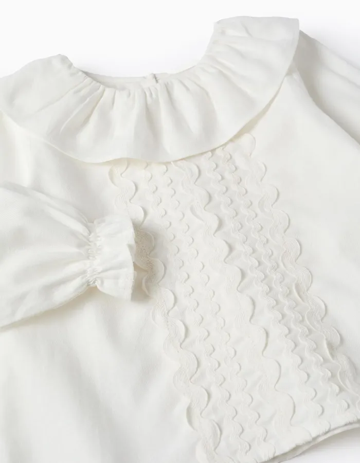 Cotton Twill Blouse with Wavy Ribbons for Baby Girls, White