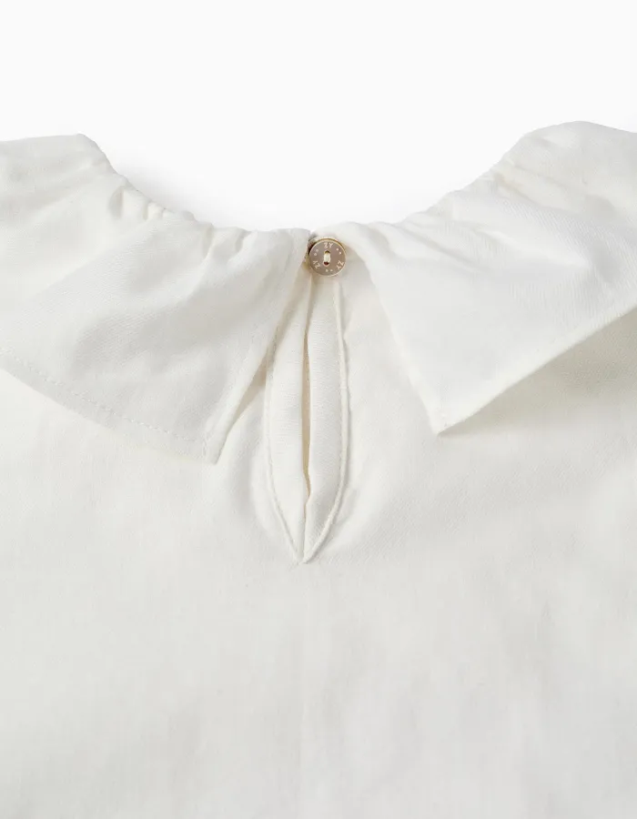 Cotton Twill Blouse with Wavy Ribbons for Baby Girls, White