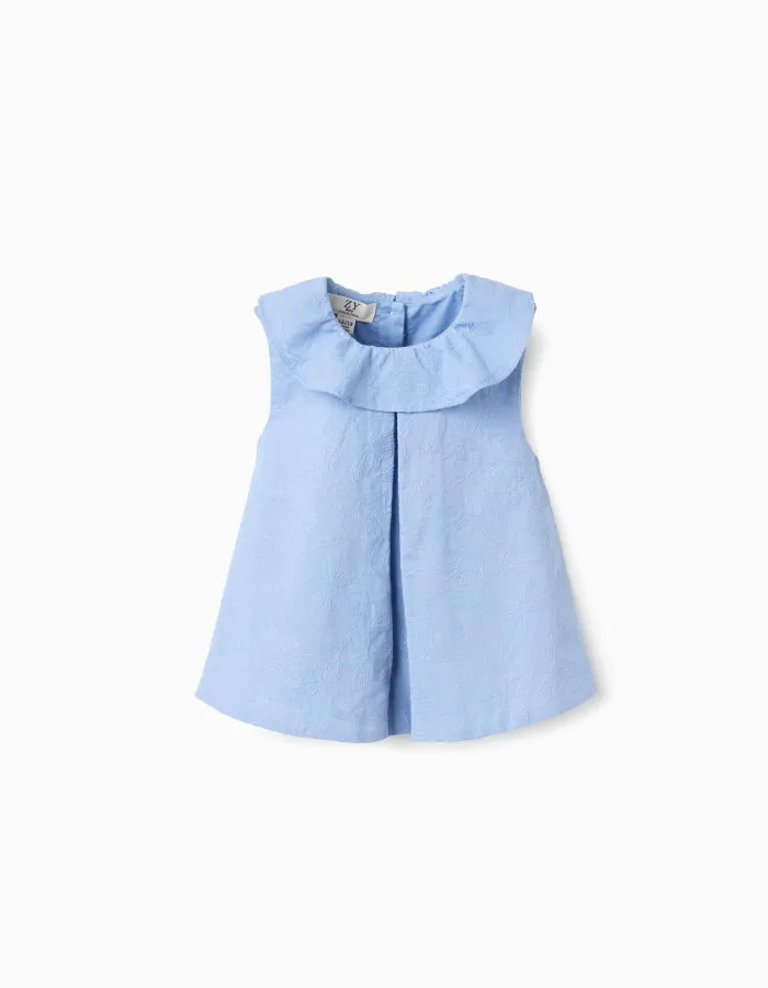 Cotton sleeveless blouse with embroidery for baby girls, light blue
