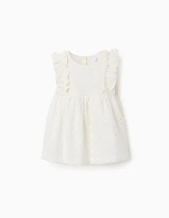 Cotton blouse with broderie anglaise and ruffles for baby girls, white