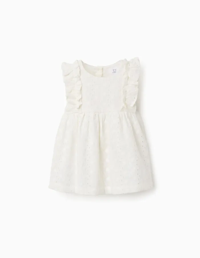 Cotton blouse with broderie anglaise and ruffles for baby girls, white
