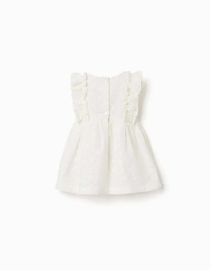 Cotton blouse with broderie anglaise and ruffles for baby girls, white