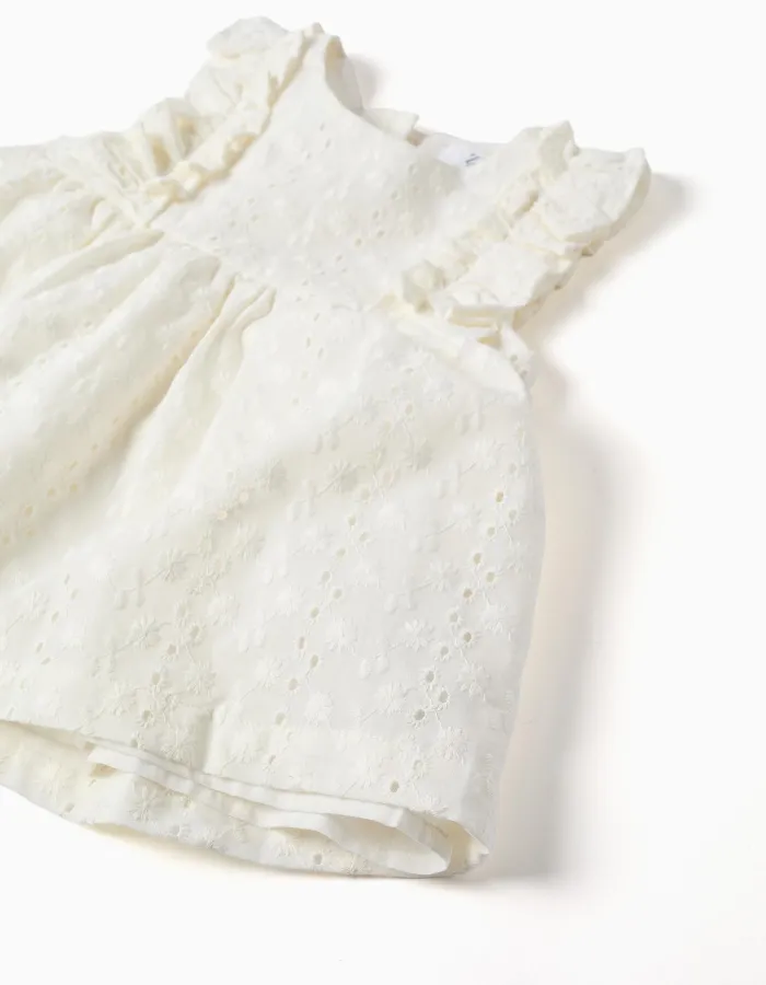 Cotton blouse with broderie anglaise and ruffles for baby girls, white