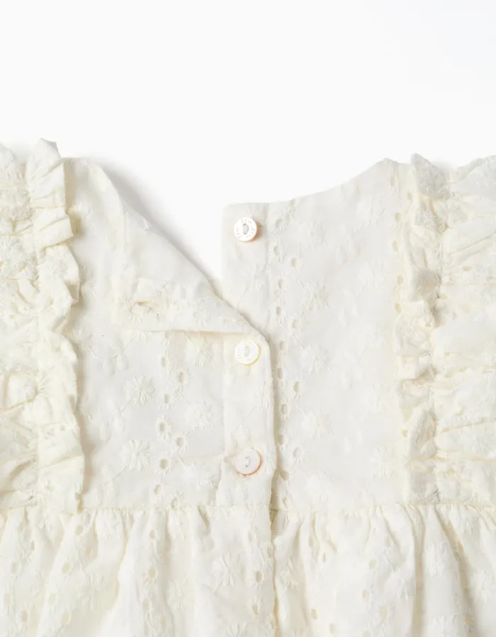 Cotton blouse with broderie anglaise and ruffles for baby girls, white