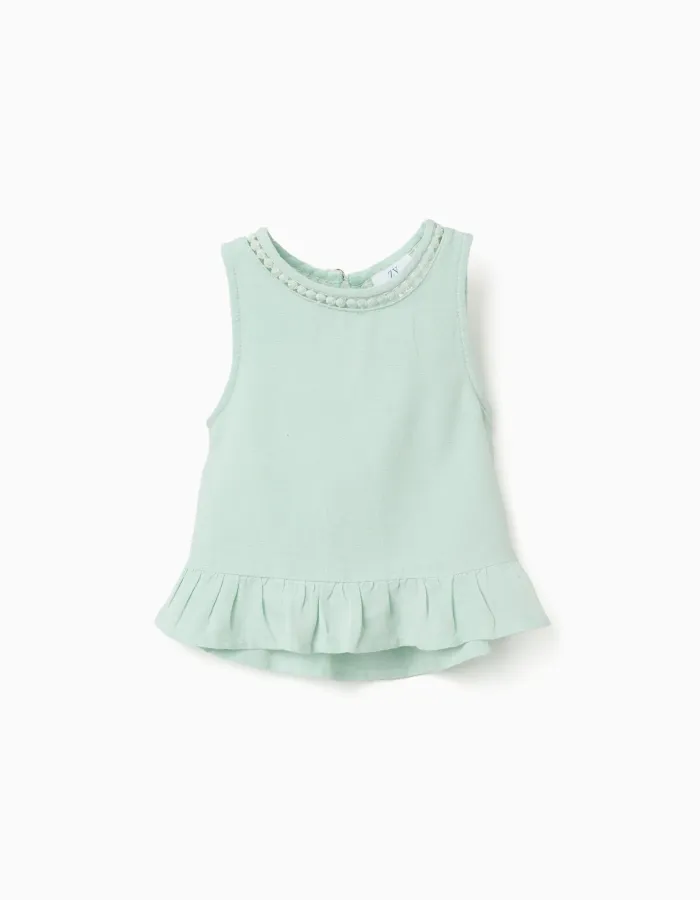 Sleeveless top in cotton and linen for baby girls, light green