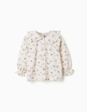 Long sleeve cotton blouse with floral pattern for baby girls, white