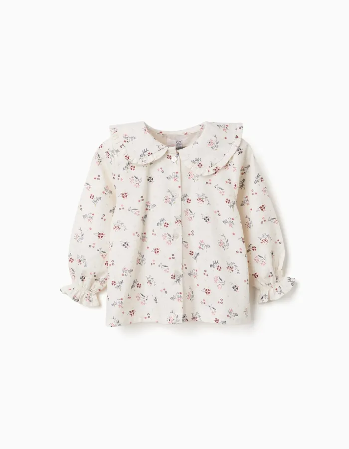 Long sleeve cotton blouse with floral pattern for baby girls, white