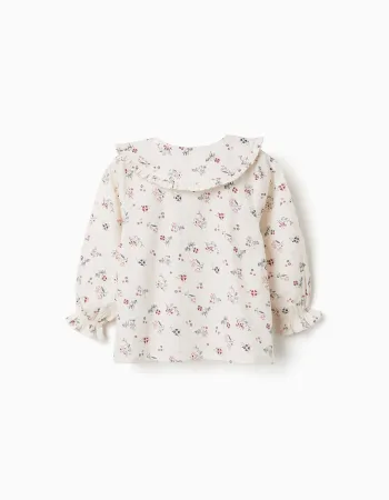 Long sleeve cotton blouse with floral pattern for baby girls, white