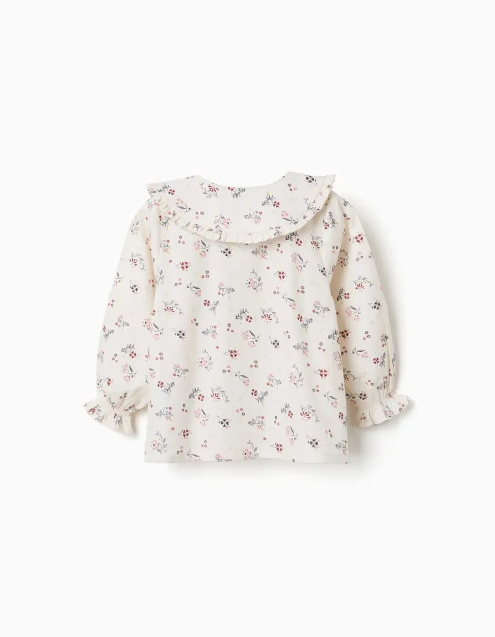 Long sleeve cotton blouse with floral pattern for baby girls, white