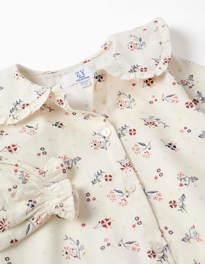 Long sleeve cotton blouse with floral pattern for baby girls, white