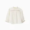 Long sleeve cotton shirt with flowers and ruffles for baby girls, white