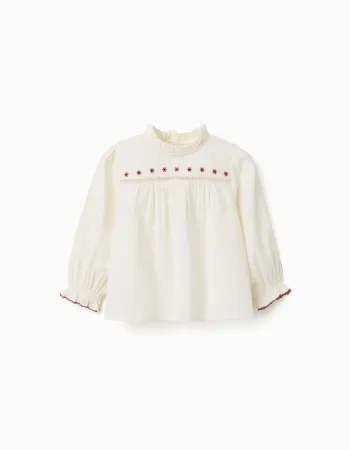 Long sleeve cotton shirt with flowers and ruffles for baby girls, white