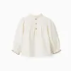 Long sleeve cotton shirt with flowers and ruffles for baby girls, white