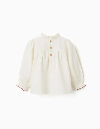 Long sleeve cotton shirt with flowers and ruffles for baby girls, white