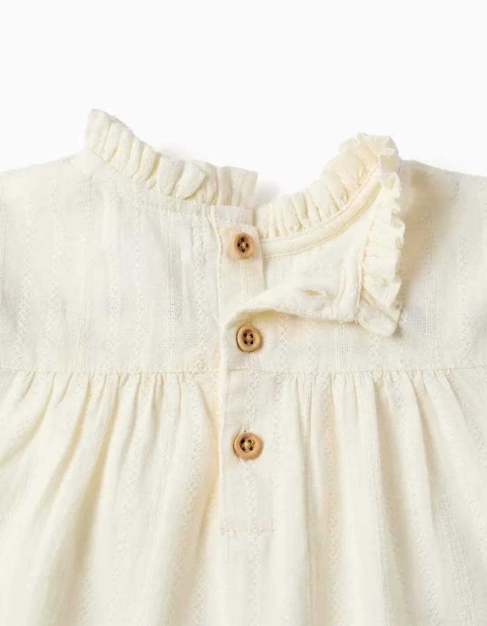 Long sleeve cotton shirt with flowers and ruffles for baby girls, white