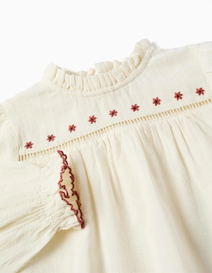 Long sleeve cotton shirt with flowers and ruffles for baby girls, white