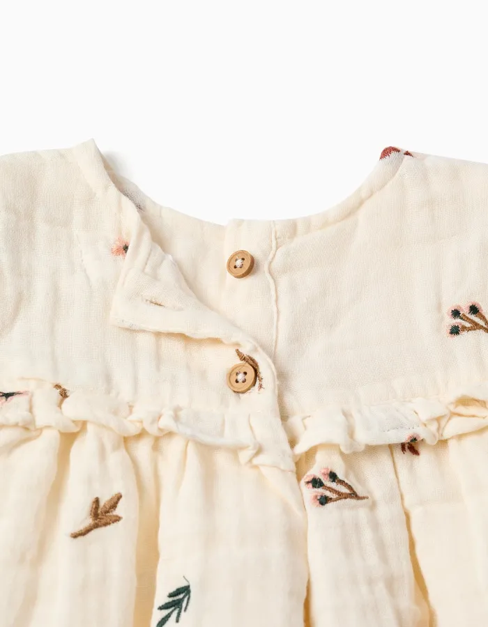 Long sleeve cotton blouse with embroidered flowers for baby girls, white