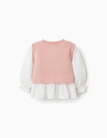 Dual-fabric jumper for baby girls, white/light pink