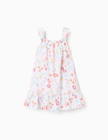 Sleeveless A-line cotton dress with beach motif for baby girls, white