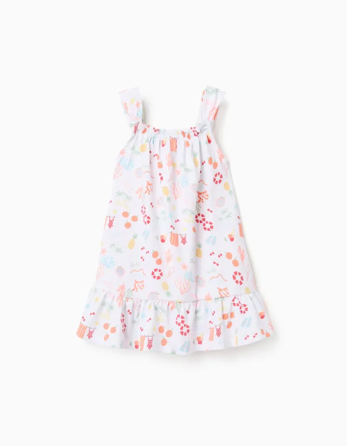 Sleeveless A-line cotton dress with beach motif for baby girls, white