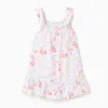Sleeveless A-line cotton dress with beach motif for baby girls, white
