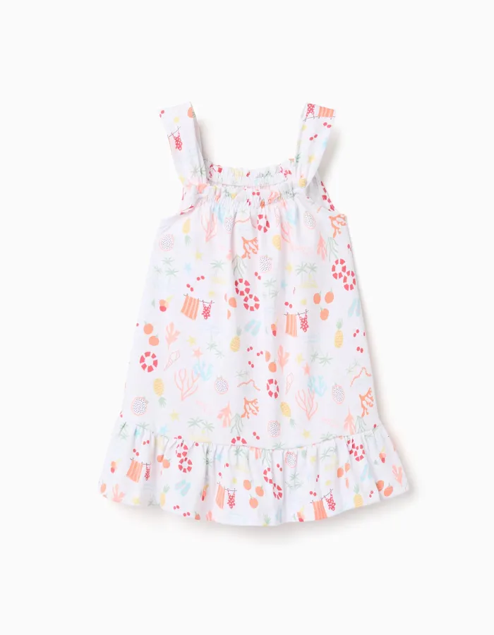 Sleeveless A-line cotton dress with beach motif for baby girls, white