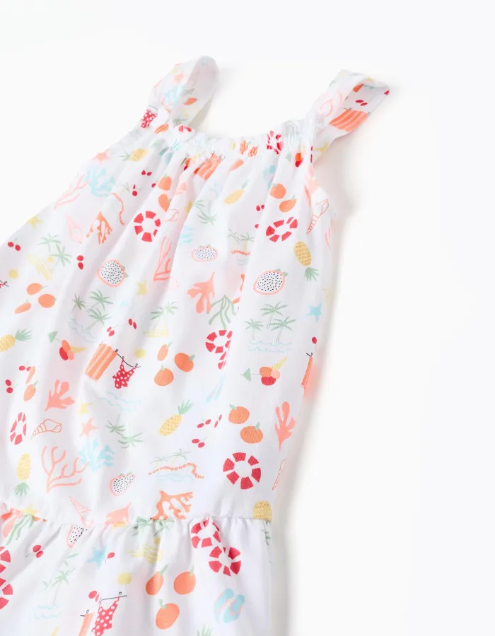 Sleeveless A-line cotton dress with beach motif for baby girls, white