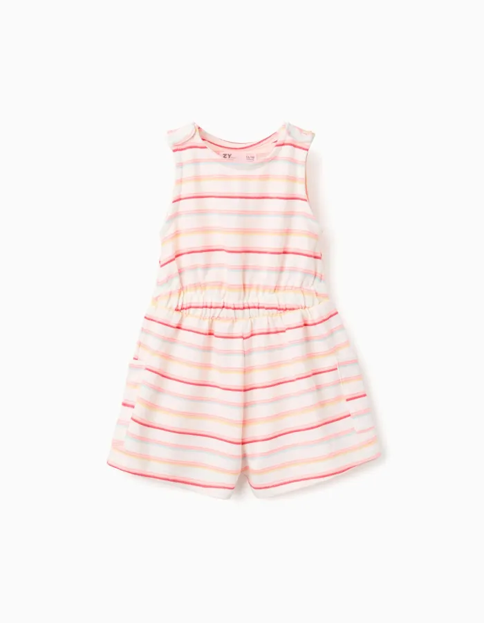 Striped cotton playsuit with cargo pockets for baby girls, multicolour