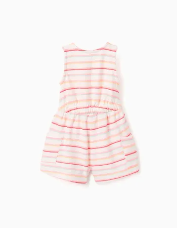 Striped cotton playsuit with cargo pockets for baby girls, multicolour