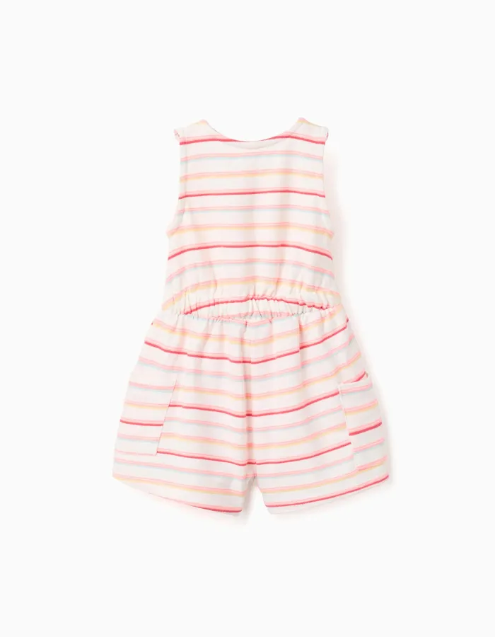 Striped cotton playsuit with cargo pockets for baby girls, multicolour