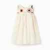 Dual-fabric dress with crochet flowers for baby girls, light beige